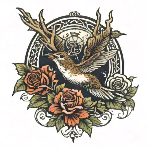 deer antlers and hummingbird flying tattoo design idea