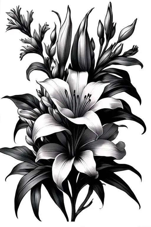 gladiolus, stargazer lily, and iris flowers intertwined tattoo design idea