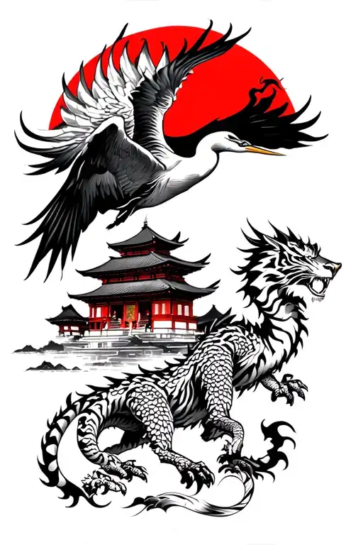 a heron flying, a dragon, a tiger, Japanese temple, red sun tattoo design idea