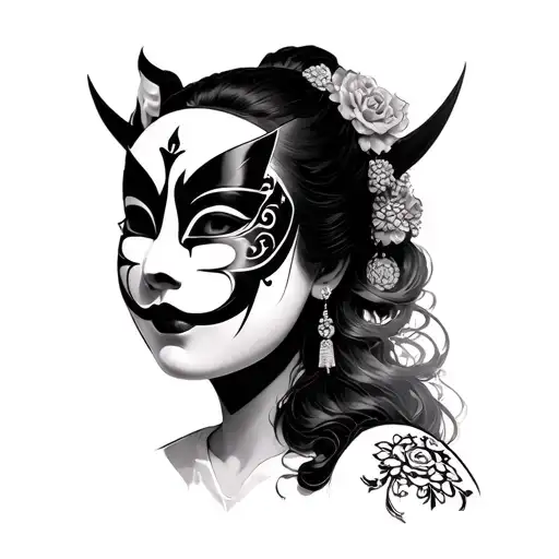 girl with kabuki mask holding tattoo design idea