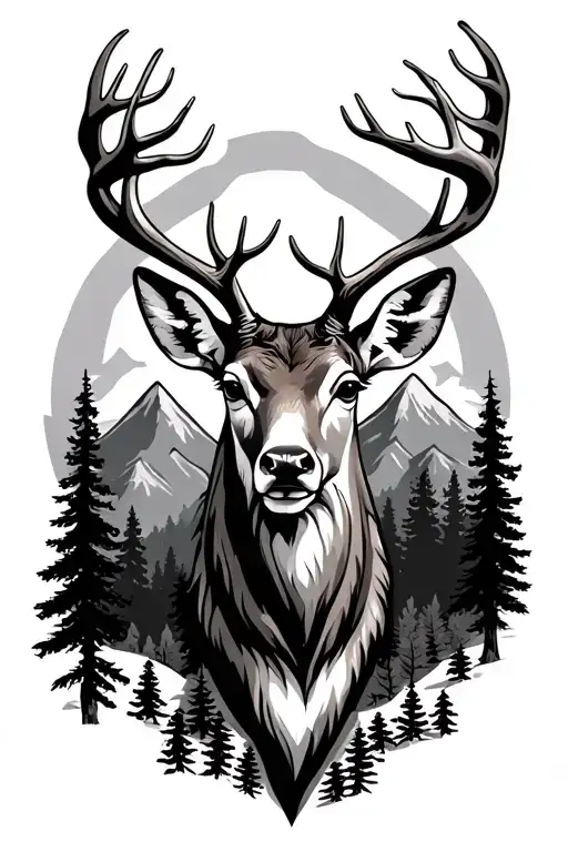 forest with deer head and mountains inside tattoo design idea