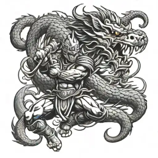 spartan warrior fighting chinese dragon tattoo design idea