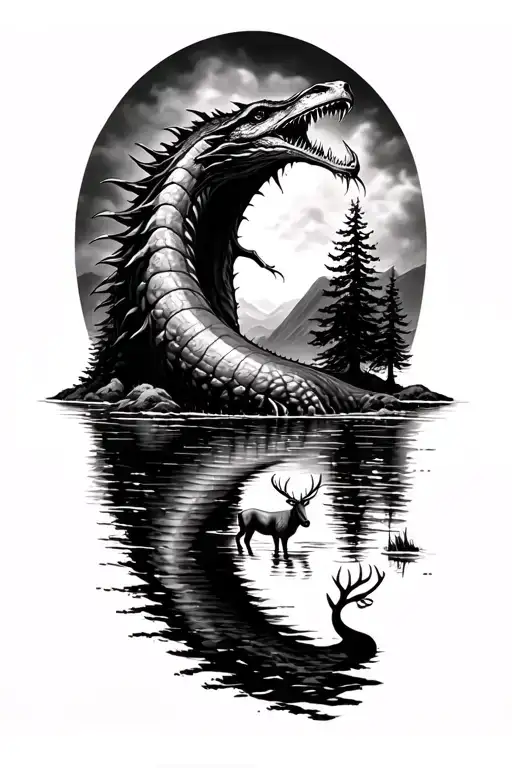 loch ness monster emerging, loch scene, trees, stags drinking out loch tattoo design idea