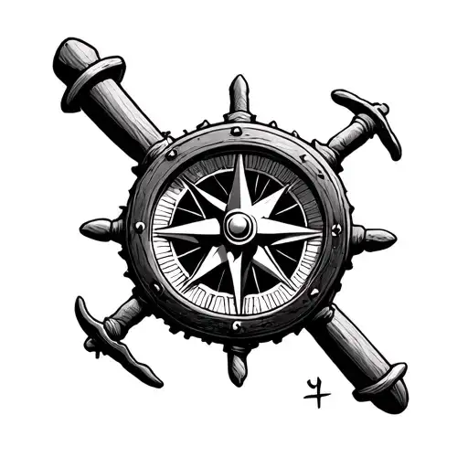 pirate compass merged with a galleon wheel surrounded tattoo design idea