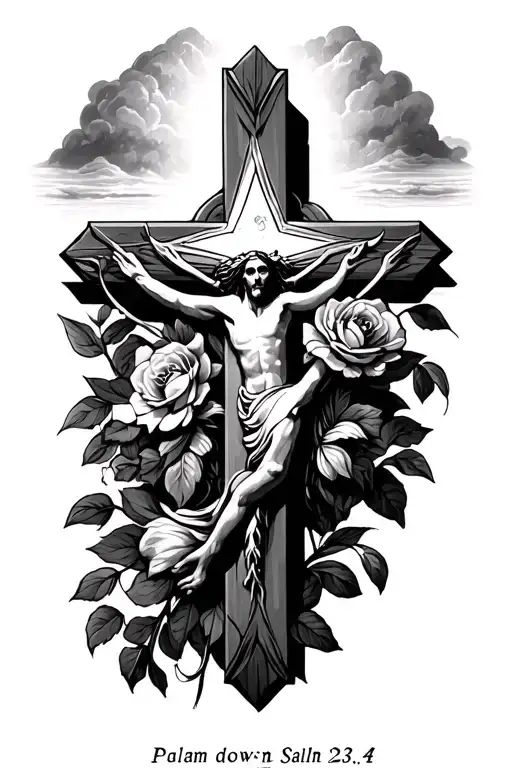 Cross with Psalm 23:4 going down tattoo design idea