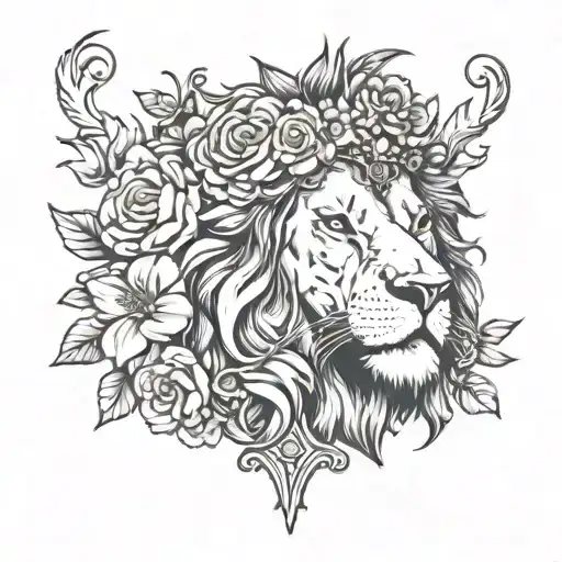 A lion with a cross on it and a flower crown. Then under the lion, right lion of God in cursive. tattoo design idea