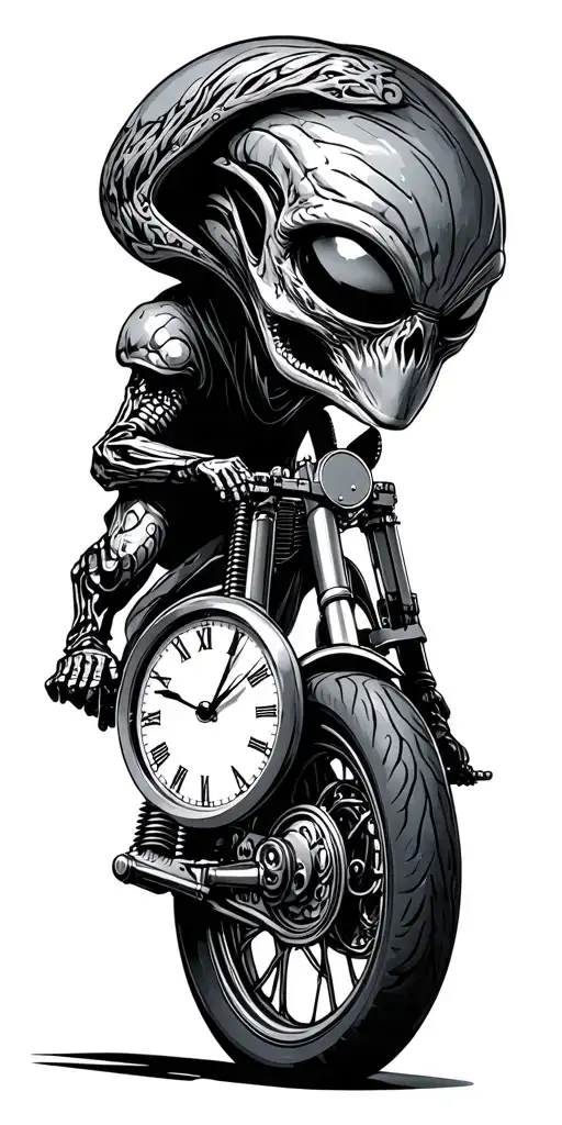 clock gun alien moterbike tattoo design idea