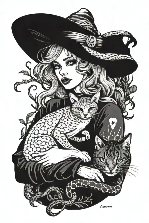 witchy girl holding cat in nature with snake  tattoo design idea