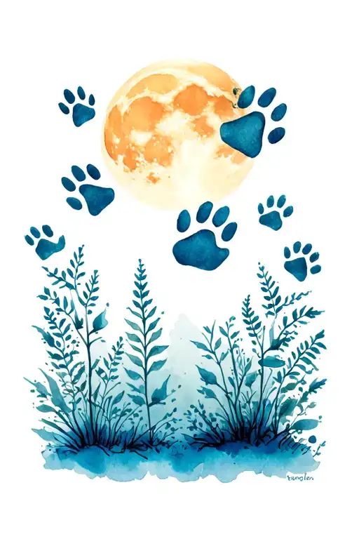 A scene featuring plants and natural colors and tones with animal paw prints going up towards the moon tattoo design idea