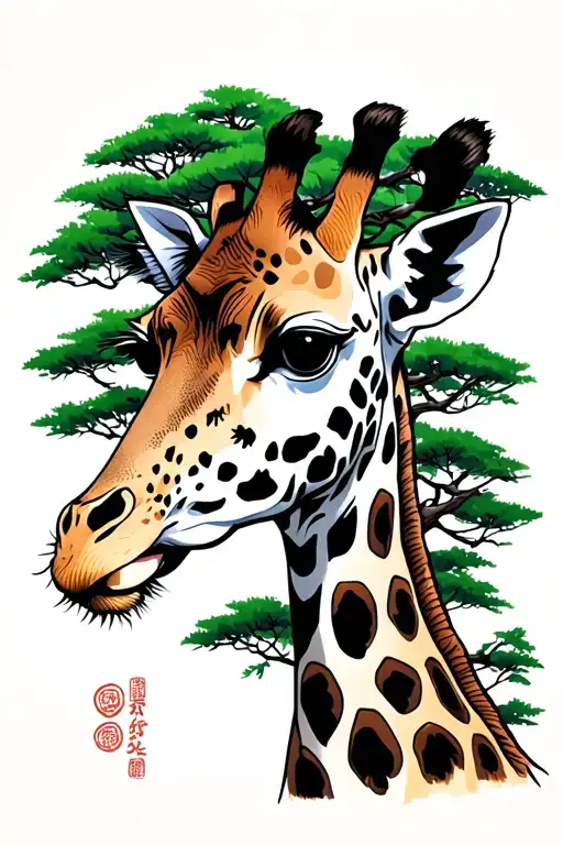 giraffe head with tree in background with leopard head above tree tattoo design idea