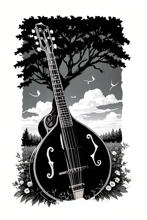 Mandolin mixed in with an outdoor tree scene tattoo design idea
