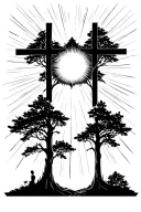 trees with sun rays emanating through in shape of a cross tattoo design idea