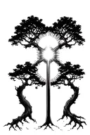 trees with sun rays emanating through in shape of a cross tattoo design idea