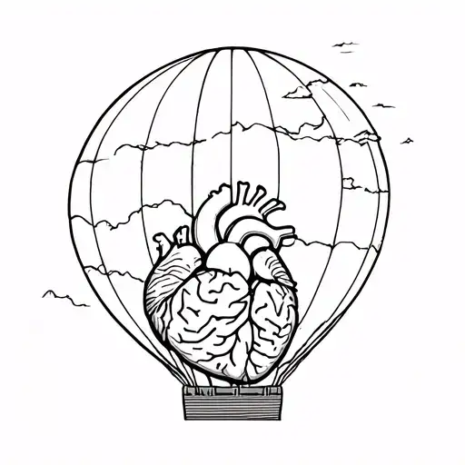 hot air balloon with anatomical heart and brain and palo duro canyon scene  tattoo design idea