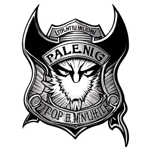 A stylized tattoo of a police badge morphing into a wolverine, with a mix of black-grey shading and anime details tattoo design idea