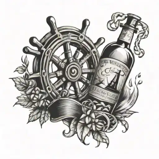 A nautical-themed tattoo design incorporating a ship's wheel and a bottle of whiskey, representing the client's occupation as a seafarer and their love for drinking tattoo design idea