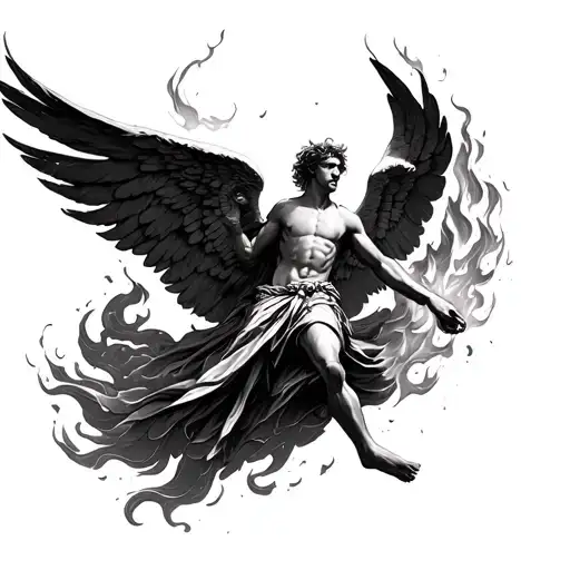 Central image:Icarus mid-fall, wings spread falling but with edges of the wings gently glowing or burning — symbolizin tattoo design idea