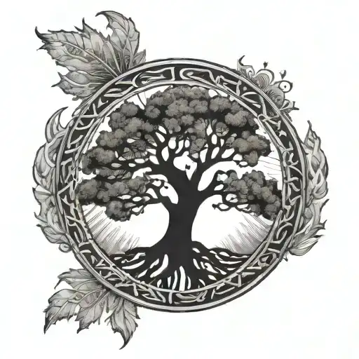 tree of life, sun and the word Helios symbol mixed tattoo design idea
