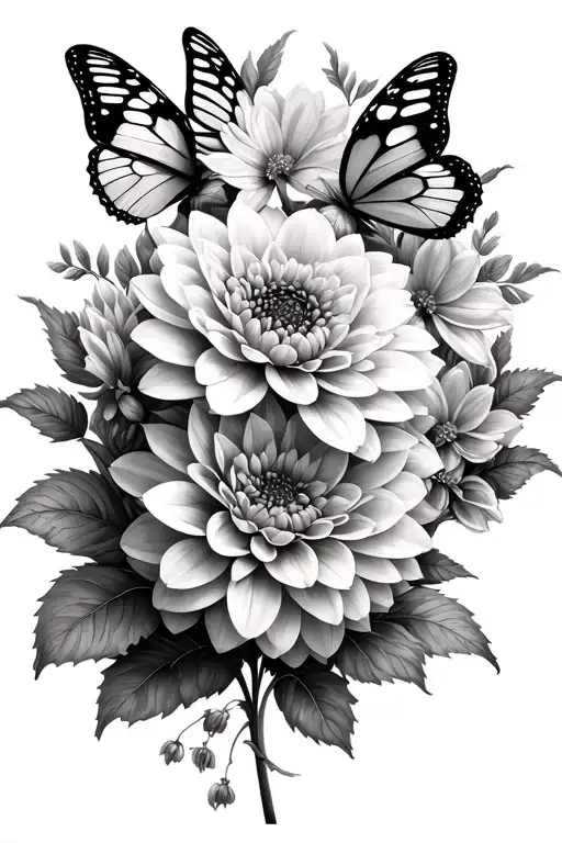dahlias and butterflies tattoo design idea
