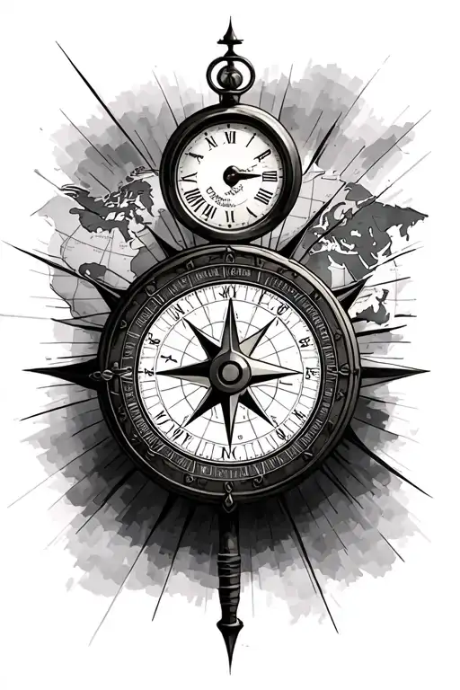 compass with a clock and world map leading tattoo design idea