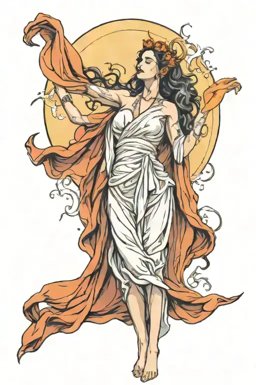 wisdom goddess full body standing flowing robe sexy moon tattoo design idea