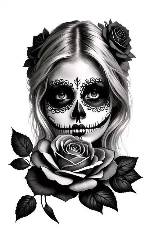 a blonde girls face with day of the dead makeup with a rose below her tattoo design idea