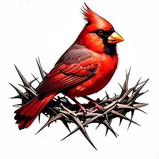 a red cardinal sitting on a crown of thorns tattoo design idea