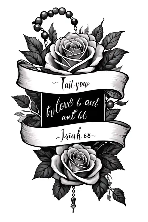 bible verse Isaiah 6:8 with roses on the bottom and a rosary tattoo design idea