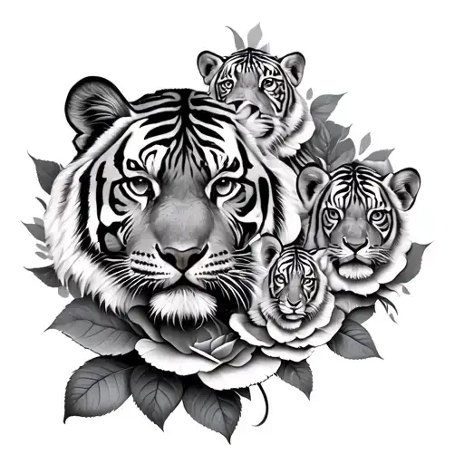tiger and 3 cubs intertwined with roses tattoo design idea
