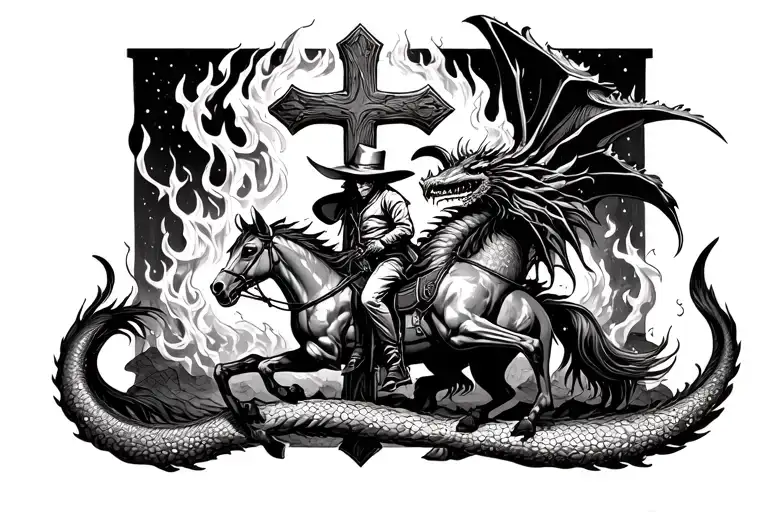 Western undead dragon wrapping around a cross surrounded by a undead flaming cowboy on a horse tattoo design idea