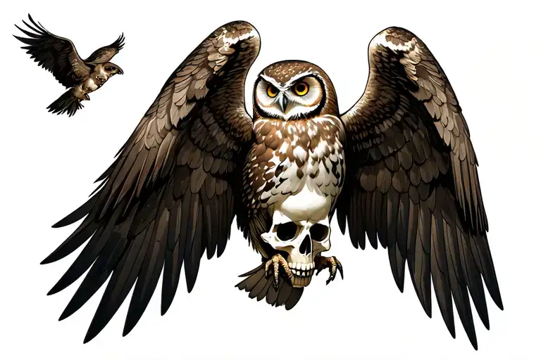 owl on skull spread wings tattoo design idea