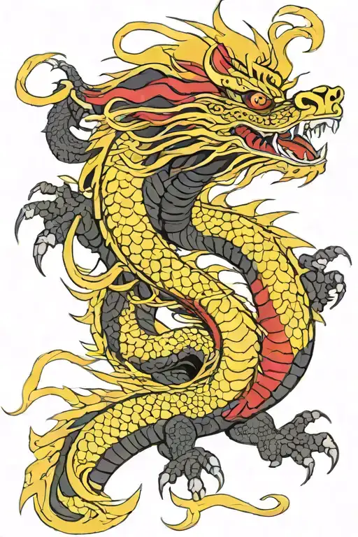 Japanese dragon that is primarily black, but has a yellow underside, and the spikes along the entire back are red  tattoo design idea