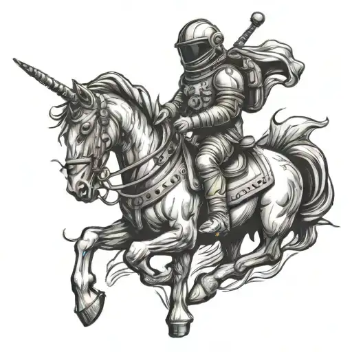 astronaut riding unicorn knight chess piece incorporating elements tattoo design idea