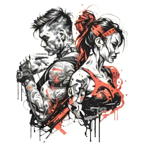 couple,black,red,set,warior tattoo design idea