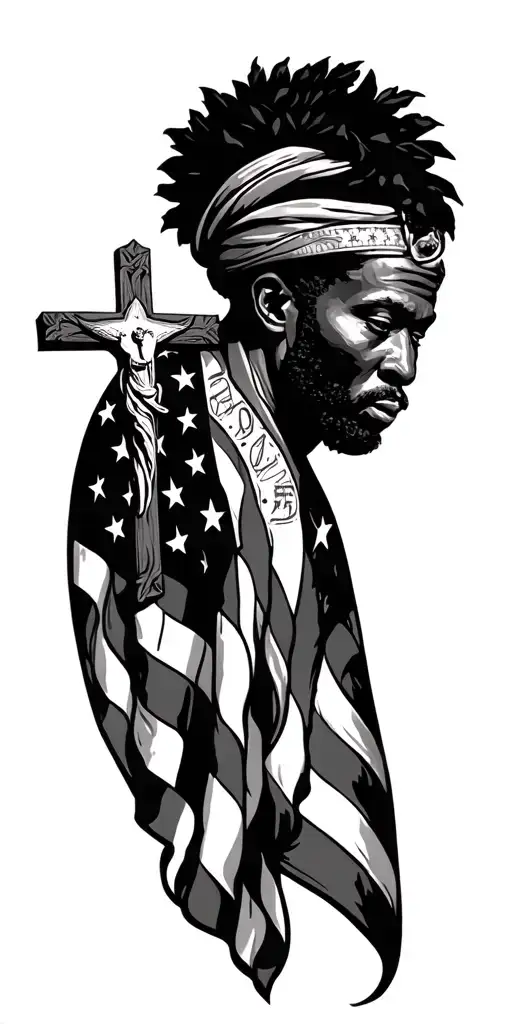 Nigerian tribal with Christian cross and American flag featuring Father Time  tattoo design idea