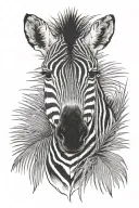 zebra head front view, hidden by a palm tree leaf tattoo design idea