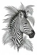 zebra head front view, hidden by a palm tree leaf tattoo design idea