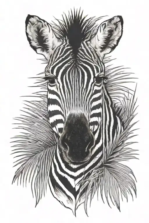zebra head front view, hidden by a palm tree leaf tattoo design idea