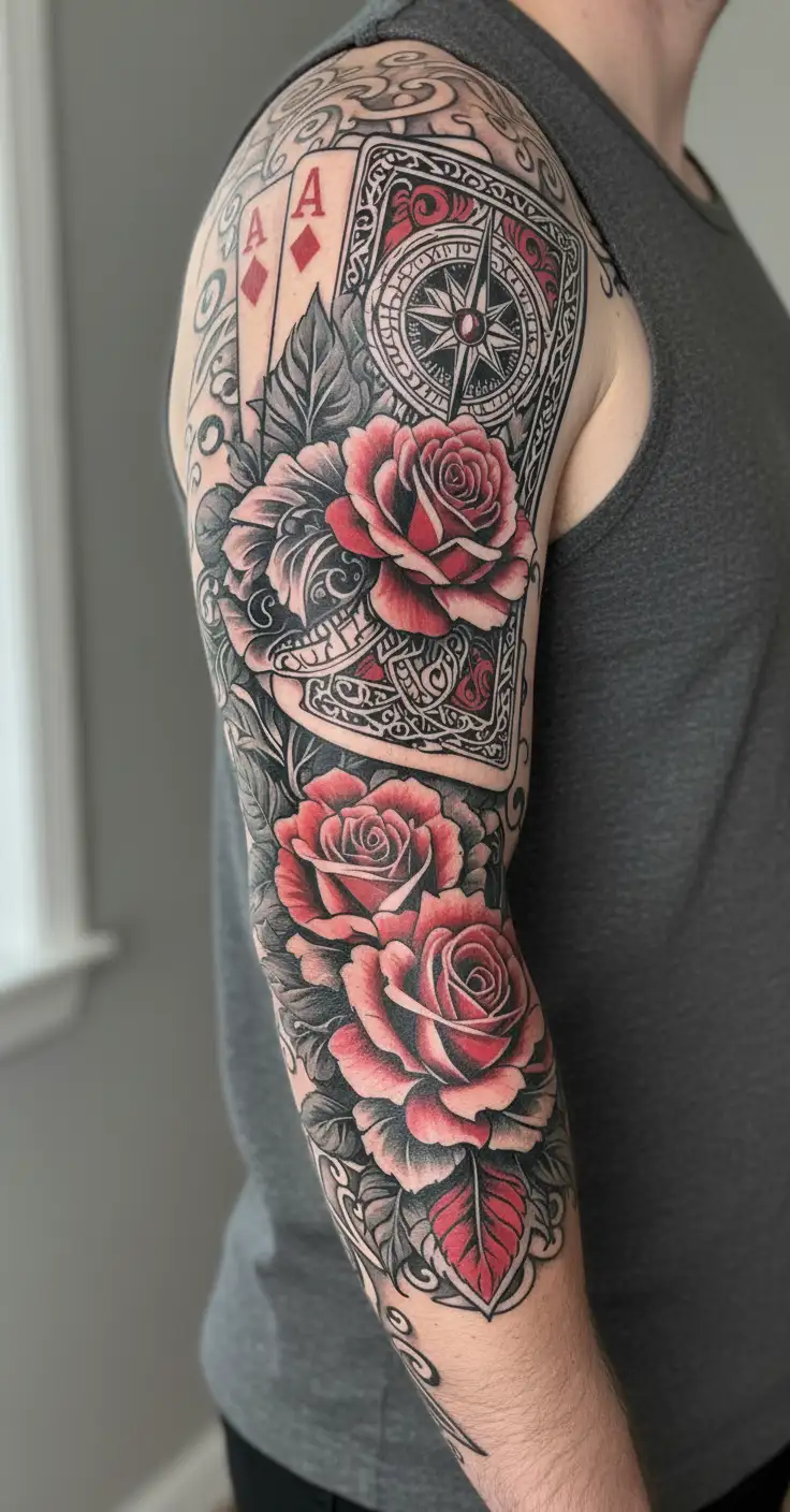 filigree design with playing cards, compass and roses tattoo design idea