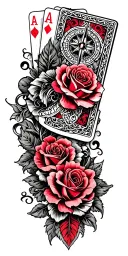 filigree design with playing cards, compass and roses tattoo design idea