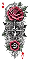 filigree design with playing cards, compass and roses tattoo design idea