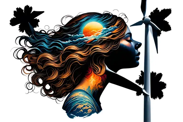 female that travels for work tired of everything, in amazement with the beautiful site of wind turbines tattoo design idea