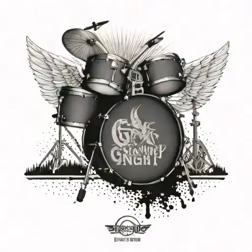 Tattoo of drum kit with "Ludwig" in the base drum and angel wings with Mount Everest in background and the word "Gramp" tattoo design idea