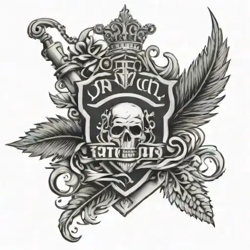A black-grey tattoo of a family crest featuring symbols representing each family member's passion - a motorcycle, snowboard, marijuana leaf, and the Five Finger Death Punch knuckle tattoo logo tattoo design idea