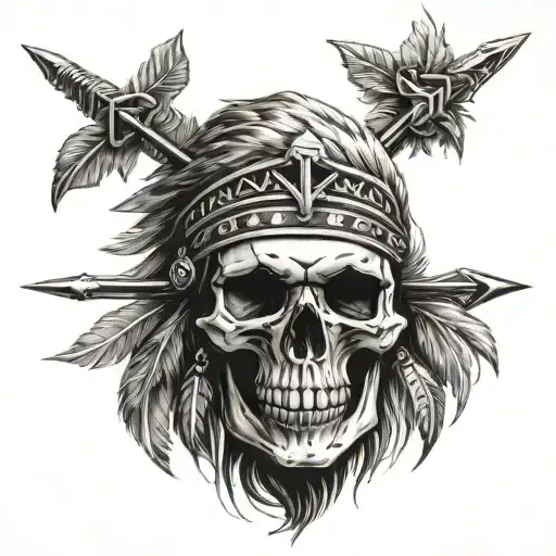 Skull with cross arrows and a dagger through it on the bottom, and a native Americans headdress on tattoo design idea