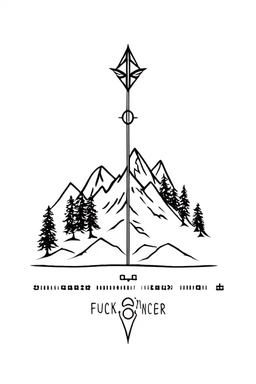 arrow, mountain, trees, compass, Morse code "fuck cancer" phrase tattoo design idea