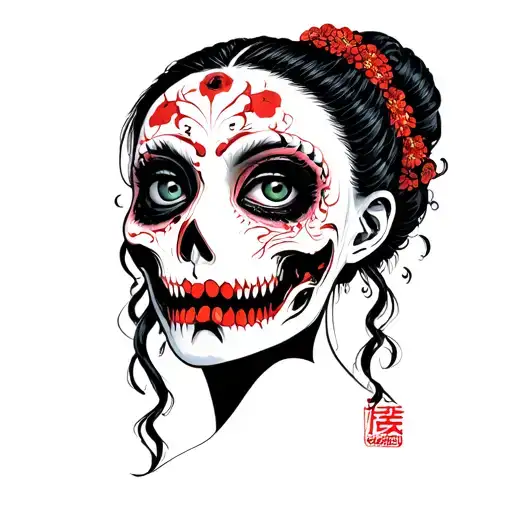 japanese lady face zombie head tattoo design idea