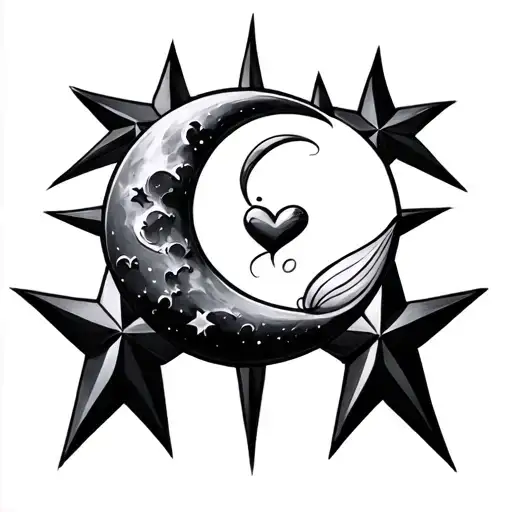 A starred star, double heart, a moon tattoo design idea