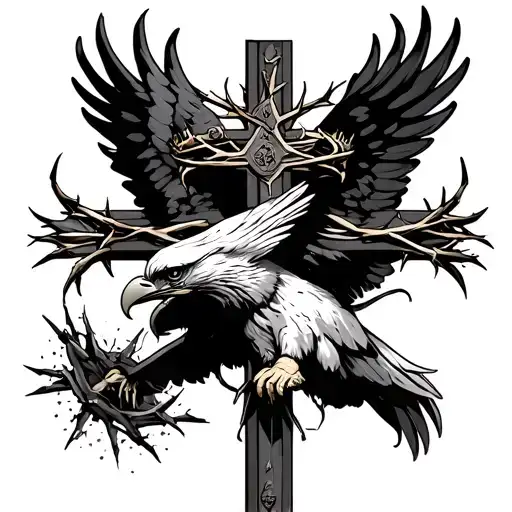 Christian cross with crown of thorns and eagle tattoo design idea