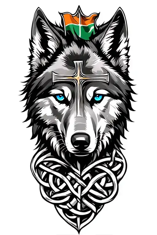 wolf with blue eyes on armor tattoo design featuring Celtic cross. And Irish flag.  tattoo design idea